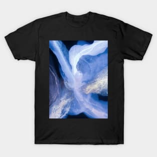 Alcohol ink abstract blue, white, gold on a black background. Style incorporates the swirls of marble or the ripples of agate. T-Shirt